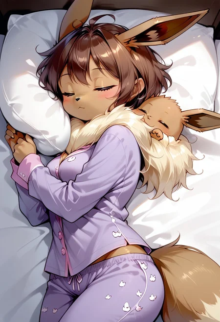 score_9, score_8_up, score_7_up, source_anime, cute Eevee, purple pajamas, short hair, sleeping, (fully clothed:1.4), medium breasts, medium hips, in a bedroom, laying on her side in bed, side view, (anthropomorphic eevee:1.2), (detailed image, high resolution, 5k resolution:1.0), (anime art style:0.9)