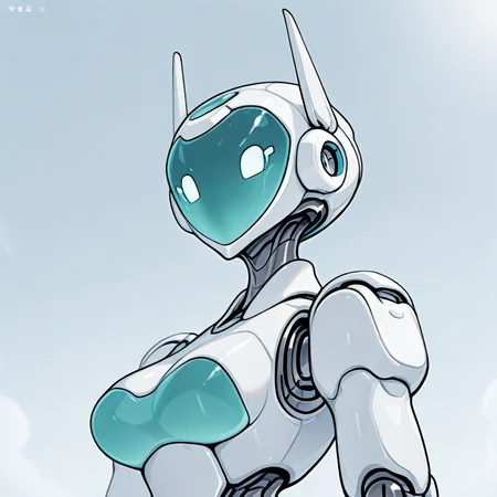 from side, from below, no mouth, medium breasts, robot, yees