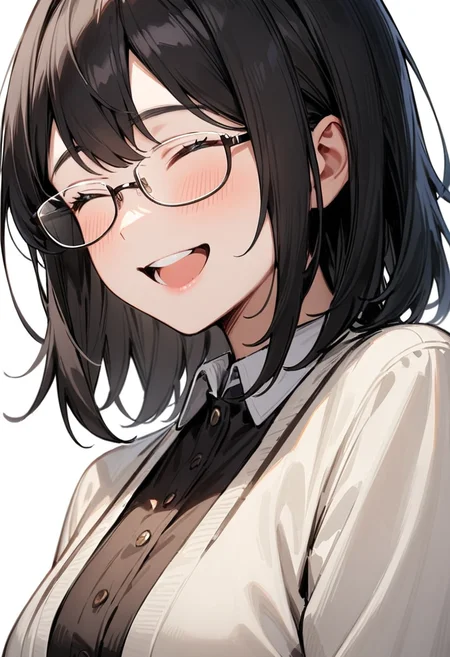 masterpiece, best quality, very aesthetic, absurdres,
1girl, solo, underrim_metal, glasses, black hair, medium hair, looking at another, upper body, collared shirt, happy, smile, closed eyes,
white background, simple background,
<lora:under_rim_glasses_metal-frame_SDXL_V1:0.6>
