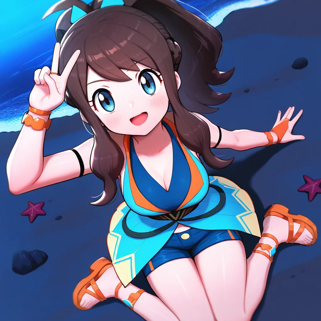 2d, masterpiece, best quality, amazing quality, highres, absurdres, newest, 1girl, solo, sitting, beach, night, from above, dutch angle, looking at viewer, medium breasts, syghilda, blue eyes, brown hair, sidelocks, high ponytail, antenna hair, sleeveless dress, showgirl skirt, multicolored dress, beige dress, blue dress, v-neck, bridal gauntlets, bracelet, blue shorts, short shorts, sandals, orange footwear, block heels