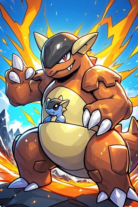 score_9, score_8_up, score_8, BREAK, , zzKhan, no humans, claws, red eyes, black eyes, fangs, (dynamic pose, motion lines), volcano, <lora:Kangaskhan_Pokemon_PDXL_v3:0.8>, , BREAK, embedding:zPDXL, Expressiveh, ,,, <lora:EnergyCAT:1.0>, solo, smile, looking at viewer, aura, blue sky, ,,, <lora:SDXLFaeTastic2400:0.5>, <lora:Expressive_H-000001:0.4>,