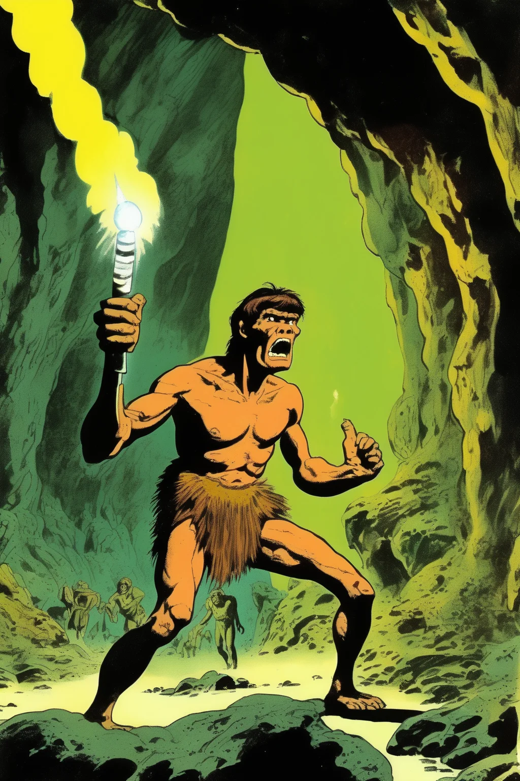 <lora:Ralph Bakshi Style:1>Ralph Bakshi Style - illustration of 60's scifi comic books, prehistoric man with a torch afraid a spatiotemporal rift in a cave