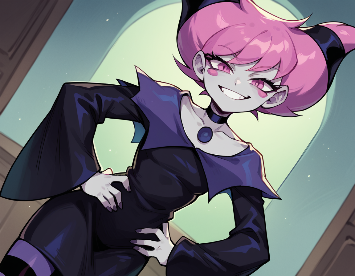 score_9, score_8_up, score_7_up, source_anime, <lora:jinx-dc-ponyxl-lora-nochekaiser_r1:1>, jinx, jinx (dc), colored skin, grey skin, hair horns, pink eyes, pink hair,, choker, long sleeves, pantyhose, striped clothes, striped pantyhose, black dress, wide sleeves, collarbone,, indoors, smug, smile, looking at viewer, solo, hands on hips,, cowboy shot, dutch angle