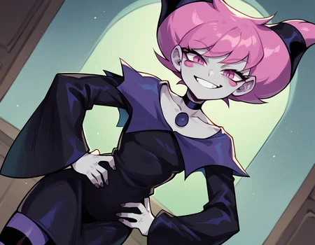 score_9, score_8_up, score_7_up, source_anime, <lora:jinx-dc-ponyxl-lora-nochekaiser_r1:1>, jinx, jinx (dc), colored skin, grey skin, hair horns, pink eyes, pink hair,, choker, long sleeves, pantyhose, striped clothes, striped pantyhose, black dress, wide sleeves, collarbone,, indoors, smug, smile, looking at viewer, solo, hands on hips,, cowboy shot, dutch angle