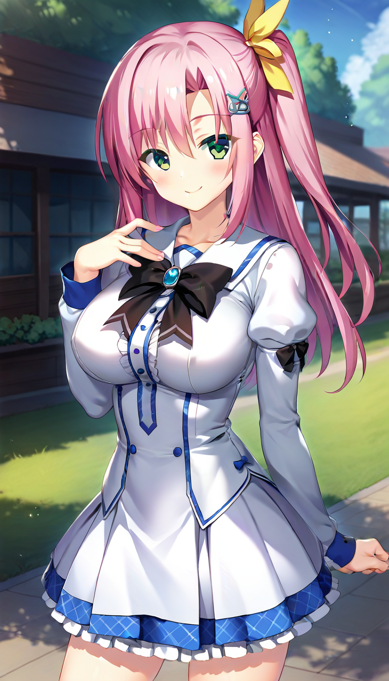 score_9,score_8_up,score_7_up,score_6_up BREAK official art,solo,outdoors,cowboy shot,looking at viewer,facing viewer,smile,blush,Tsubasa Touri,long hair,pink hair,hair one side up,hair ornament,hairclip,hair bow,yellow bow,sidelocks,hair between eyes,bangs,green eyes,school uniform,white shirt,black bow,black ribbon,large breasts,long sleeves,puffy detached sleeves,white skirt,frilled skirt,black socks,loafers,<lora:Tsubasa Touri(pa)-Pony:1.3>,