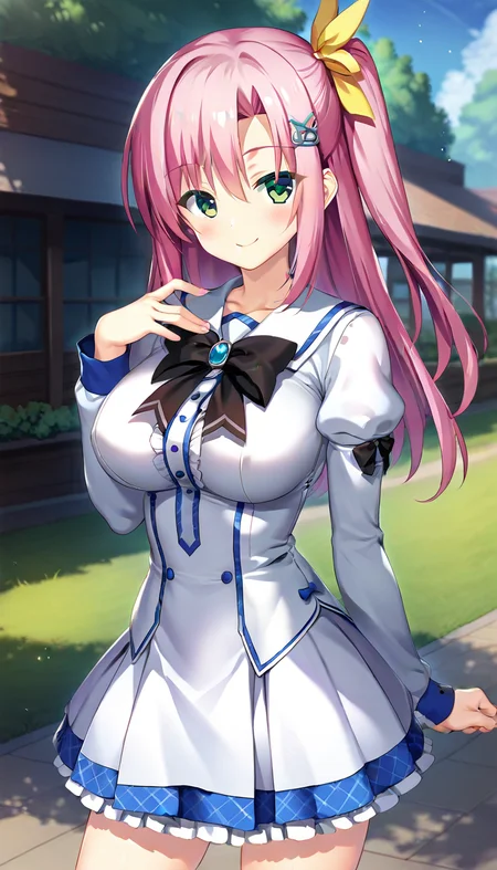 score_9,score_8_up,score_7_up,score_6_up BREAK official art,solo,outdoors,cowboy shot,looking at viewer,facing viewer,smile,blush,Tsubasa Touri,long hair,pink hair,hair one side up,hair ornament,hairclip,hair bow,yellow bow,sidelocks,hair between eyes,bangs,green eyes,school uniform,white shirt,black bow,black ribbon,large breasts,long sleeves,puffy detached sleeves,white skirt,frilled skirt,black socks,loafers,<lora:Tsubasa Touri(pa)-Pony:1.3>,