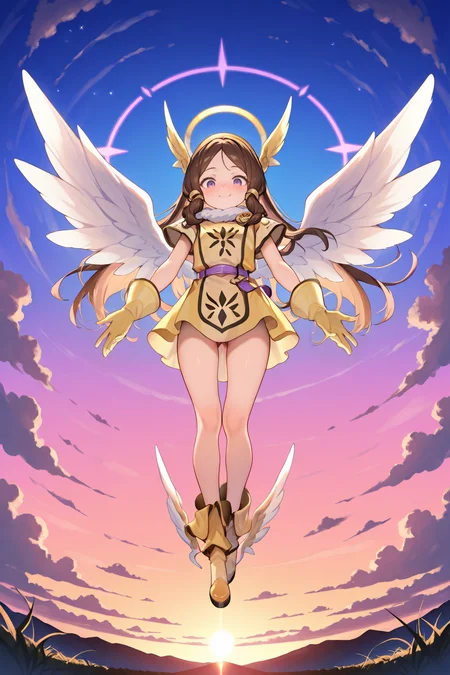 (hand), masterpiece, very aesthetic, absurdres, best quality, amazing quality, high resolution, newest, very awa, <lora:illustrious_quality_modifiers_masterpieces_v1:0.8> , <lora:ChamIllustriousBackgroundEnhancer:0.5>,  (solo),    <lora:ValkyrieYggdraIL:0.8> , valkdef, 1girl, purple eyes, brown hair, long hair, winged hairband, yellow tunic, purple belt, yellow gloves, yellow boots, winged footwear, full body, angelic, spreading arms, ominous, from below, spreading wings, angelic, halo, white wings, smile, exterior, heaven, clouds parting, looking down, looking at viewer,  smile,