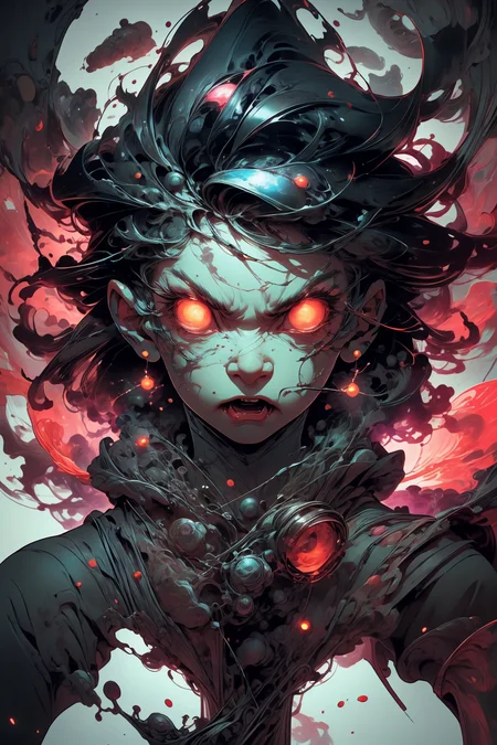 glowing eyes, glow, rage transformation, (red eyes:1.2), (rage:1.2), psycho, (madness:1.2), (angry:1.4), wide-open eyes, blood, bloody face, 
<lora:more_details:0.4>
 <lora:Cosmic anime-oil fusion v2:0.45> 
<lora:AnimeVibesV3:0.3> animevibes, 
<lora:3DMM_V11:0.5> 3DMM 
<lora:midjourney_20230624181825:0.7> midjourney ,
 <lora:LAS:0.2> cloud,colorful,
<lora:msw_locon-t2:0.6>
 <lora:wuxia2:0.6> gu,
 <lora:CyberpunkStyleV1:0.35> PunkAI,
 <lora:CelestialSkin2:0.5> dark celestialskin body, void cosmic body,, shiny, shiny hair, shiny skin, shiny clothes