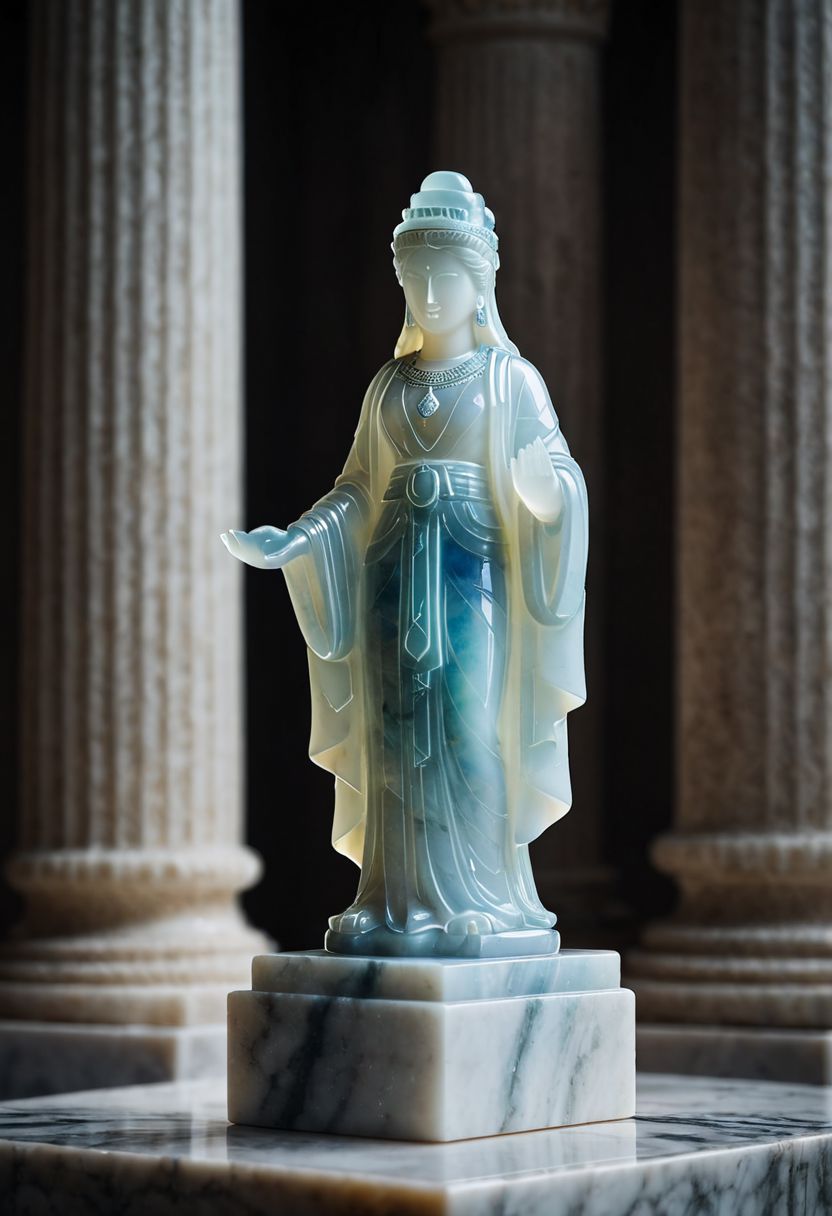 Fujifilm XT3, Sony A7 IV, (award winning photography) a marble simple stylized ishtar (figurine) made of opal (Kintsugi: 0.89) set on a pedestal in temple, glistening. in the background beautiful pillars, divine (iridescent: 0.79), opalescent textures, volumetric light, ethereal, sparkling, studio photo, highly detailed, sharp focus (highest quality: 1.39) (highest coherency: 1.39) (award winning photography), highly detailed photography, (muted colors, cinematic, dim colors, soothing tones:1.2), vibrant, insanely detailed, hyperdetailed, (dark shot:1.2), (vsco:0.3), (intricate details:0.9), (hdr, hyperdetailed:1.2) (vignette), sss, raw photo, fijifilm, kodak, cinematic film grain