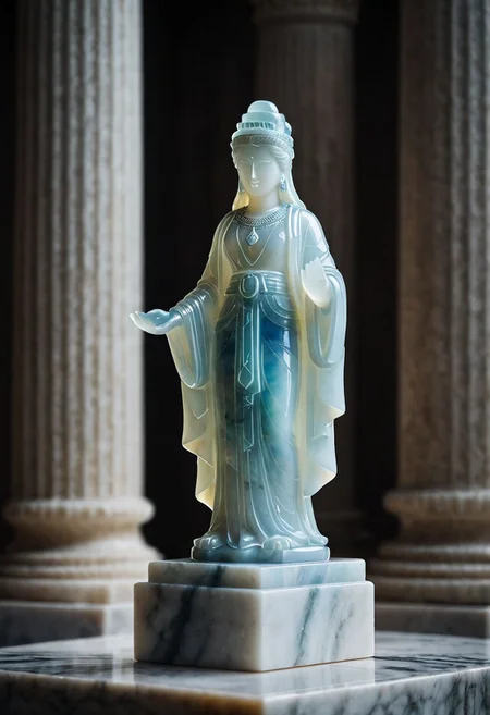Fujifilm XT3, Sony A7 IV, (award winning photography) a marble simple stylized ishtar (figurine) made of opal (Kintsugi: 0.89) set on a pedestal in temple, glistening. in the background beautiful pillars, divine (iridescent: 0.79), opalescent textures, volumetric light, ethereal, sparkling, studio photo, highly detailed, sharp focus (highest quality: 1.39) (highest coherency: 1.39) (award winning photography), highly detailed photography, (muted colors, cinematic, dim colors, soothing tones:1.2), vibrant, insanely detailed, hyperdetailed, (dark shot:1.2), (vsco:0.3), (intricate details:0.9), (hdr, hyperdetailed:1.2) (vignette), sss, raw photo, fijifilm, kodak, cinematic film grain