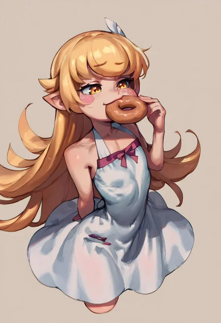 solo, 1 girl , yellow_eyes, blonde_hair, long_hair, flat_chest, pointy_ears, blush_stickers, white_dress , eating donut ,
zPDXL3 , score_9 , score_8 , score_7 , score_6_up , highly detailed ,