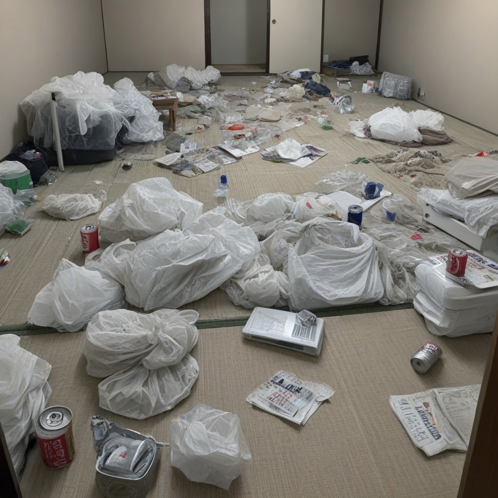 no human, 
messy room, dirty room, plastic bottles, cans, plastic bags, magazines, tissues, undressed clothes, 
on floor, 
in tatami room, tatami floor, on tatami floor, stained tatami, stained walls,