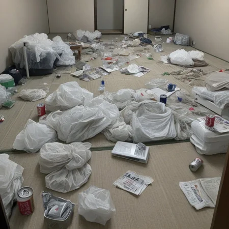 no human,
messy room, dirty room, plastic bottles, cans, plastic bags, magazines, tissues, undressed clothes,
on floor,
in tatami room, tatami floor, on tatami floor, stained tatami, stained walls,