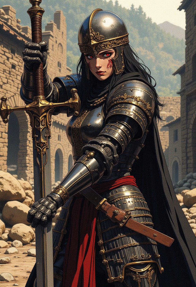 scary looking female warrior, swinging a longsword with both hands, intricate black and gold armor, crusader helm, red eyes, black hair, scars on face, destroyed village in the background,
ne0nfant4sy