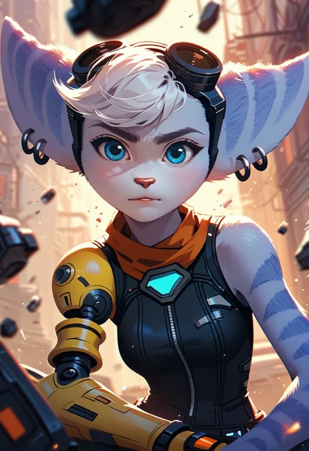 zPDXL3, score_9, score_8_up, score_7_up, score_6_up, score_5_up, score_4_up, 1girl, medium breasts,
black body suit, fighting stance,
cyber city,
racrivet, ratchet & clank, short, blue fur, body fur,
single mechanical arm, (single bare arm:1.4), (no headwear:1.4), mohawk,