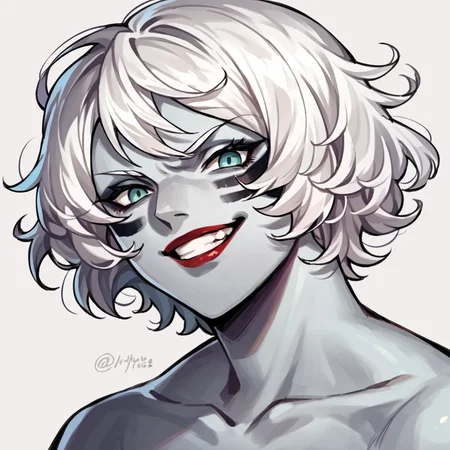 score_9, score_8_up, score_7_up, score_6_up, score_5_up, score_4_up, source_anime, 1girl, portrait, facepaint, grin, looking_at_viewer, short hair, grey skin, white hair, curly hair, lipstick <lora:RoegadynFFXIVPonyV1-02:1>