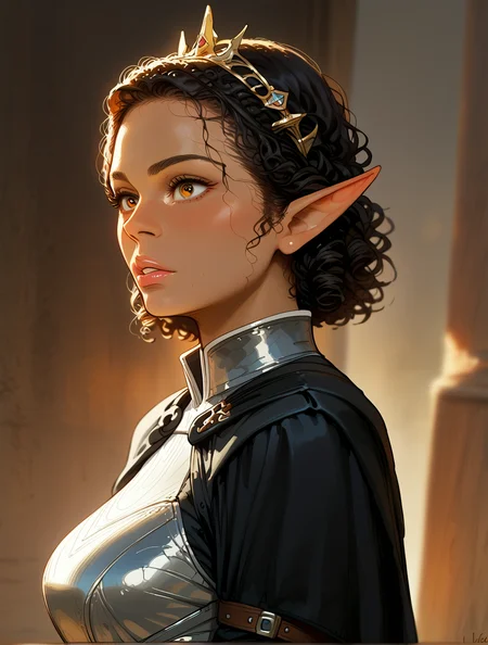 score_9, score_8_up, score_7_up, 1girl, solo, cowboy shot, from side, blush, intimate portrait, beautiful noble girl, black hair, short hair, curly hair, orange eyes, fantasy renaissance, medieval realistic, leather armor, parted lips, elf, large breasts, red and black, cape, horn crown, (dark skin:1.2), detailed setting, reaction frame, sketch, textured background, 
Antique Sketch, <lora:AntiqueSketch:1>, <lora:incase_style_v3_ponyxl_ilff:0.8>