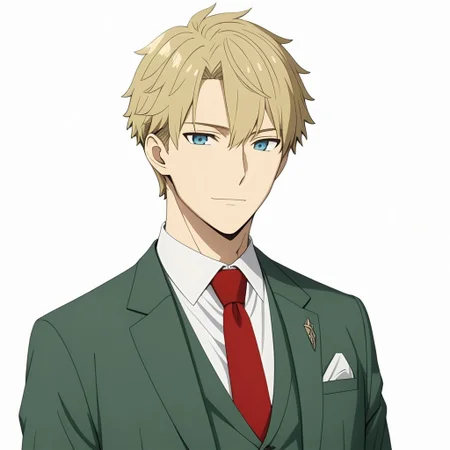 ASCII masterpiece, best quality, full body portrait, loid_forger, 1man, shirtless, slim lean body, detailed reflective light blue eyes, blonde hair, formal, suit, green jacket, collared shirt, red necktie, green vest, in front of a (plain white background: 1.2), 4k, 8k, intricate detail, soft lighting,