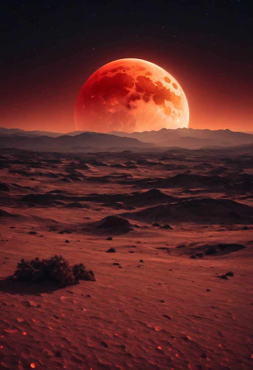 A huge red moon in the sky, with a yellowish orange color and a large area of red on its surface. The background is an endless dark desert planet with rolling hills. In front of it stands tall mountains covered by thin snowflakes. Red tone, high contrast, high saturation, wideangle lens, backlighting effect, static composition, cool tones, spectacular scenery.