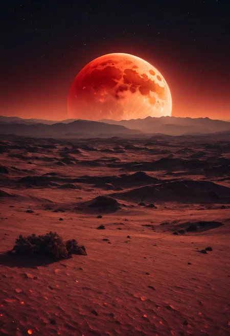 A huge red moon in the sky, with a yellowish orange color and a large area of red on its surface. The background is an endless dark desert planet with rolling hills. In front of it stands tall mountains covered by thin snowflakes. Red tone, high contrast, high saturation, wideangle lens, backlighting effect, static composition, cool tones, spectacular scenery.