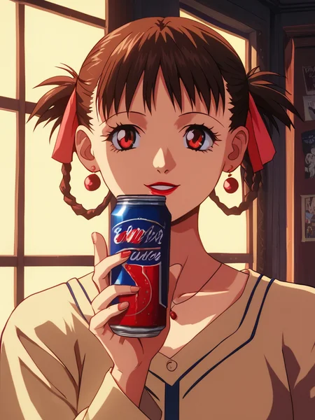 score_9, score_8_up, score_7_up, volumetric lighting,
sawa, a woman holding a can of soda in her hand, 1girl, solo, smile, brown hair, red eyes, lipstick, retro artstyle, 1990s style
<lora:akite_pony_v1_mx:0.95>