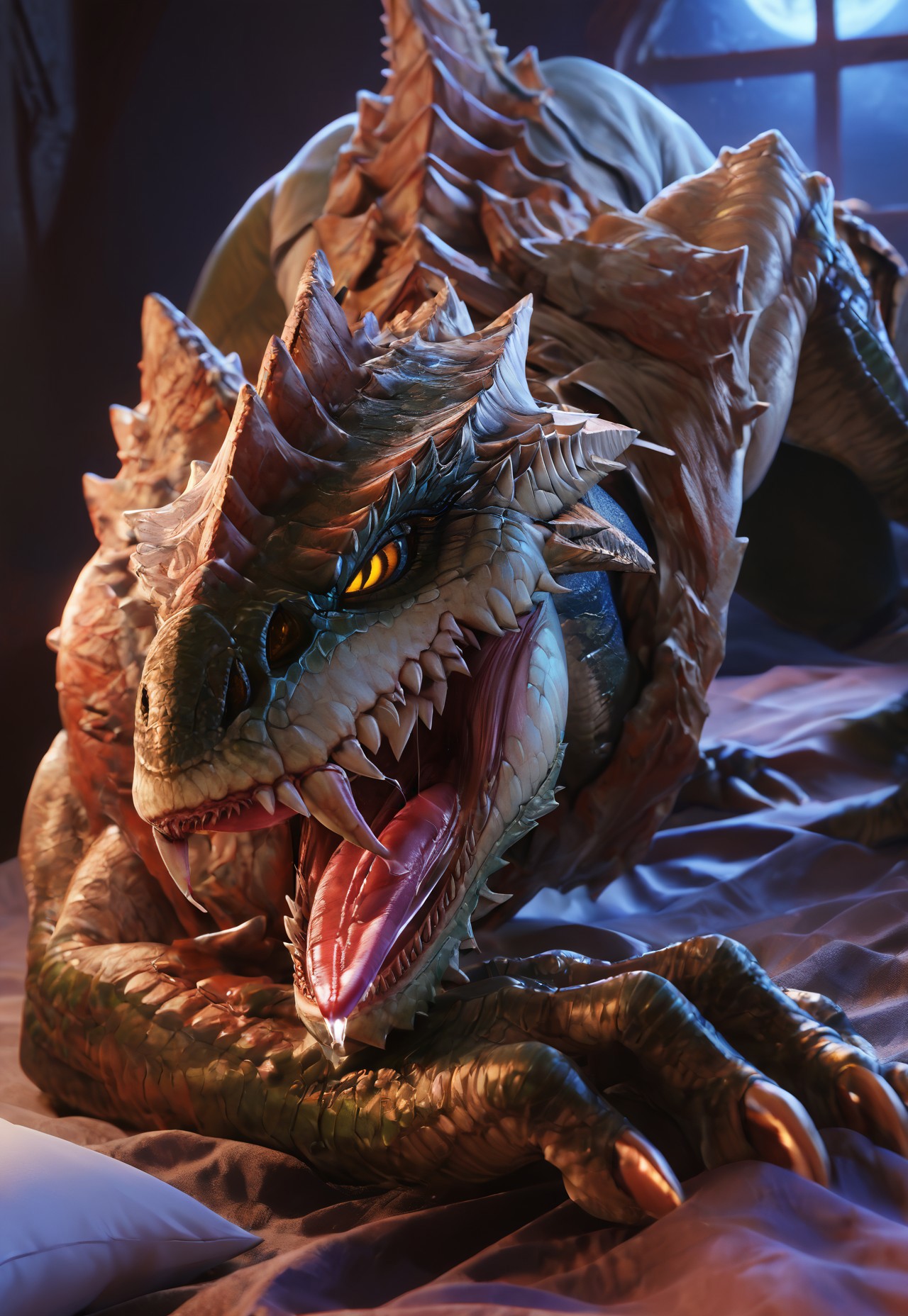 safe_pos, score_9, score_8_up, score_7_up, highly detailed, realistic, cinematic lighting,
1girl, monster, monster girl, yellow eyes, scales, claws, teeth, sharp teeth, fang, tail, (long tongue, saliva)
lying down, on bed, under blanket, bedroom eyes, smiling, looking at viewer, seductive, night, (dark bedroom), from above, (close up)