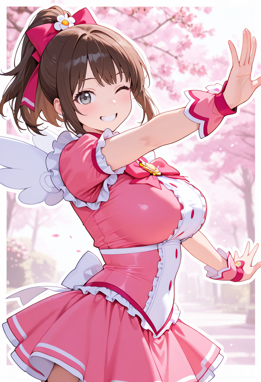 masterpiece,best quality,amazing quality, very aesthetic, ((outlined outlined vector graphics)), cute face, (glow eyes:0.5) ,  from side,  looking at viewer ,beautiful scenery,
1girl,
20yo, brown hair, gray eyes, (large breast:1), (ponytail:1.1), medium hair,(curvy:1.1),bangs
,
pink  clothes, (focus female), grin, happy, action pose, (clothed:1.1),
magical girl outfit, magical girl, frilles, happy,   wings , wink , (kawaii) , hair ornament , flowers <lora:magical-girl-outfit-il-20:0.8>