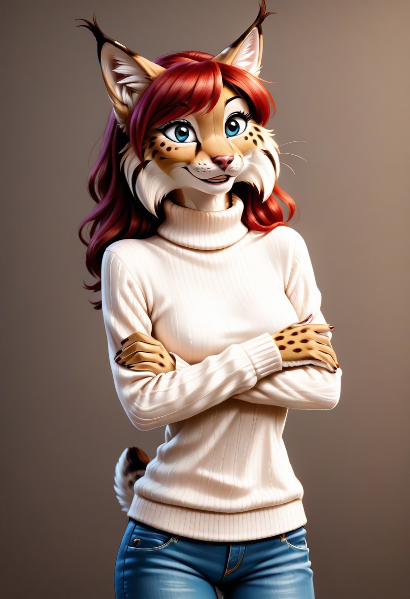 digital_media_(artwork) hi_res, score_9, score_7_up, score_6_up, source_furry, rating_safe, anthro, furry, female, furry female, detailed textured fur, fur tufts, lynx, red hair, blonde brown fur, spots, beautiful blue eyes, medium breasts, covered breasts, slim, slender, turtleneck sweater, denim jeans, smile, SFW,