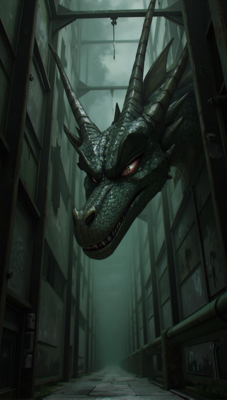 <lora:ck-LttleGhost-000011.safetensors:1> in the style of ck-lttlegh0stA low-angle shot of a menacing dragon head dominates this digital artwork, its glossy scales and intense gaze at odds with the worn, metallic industrial setting. A fog-shrouded corridor amplifies the eerie mood, while muted grays and greens add depth and foreboding. The juxtaposition of mythical creature in an industrial space suggests horror and fantasy influences.