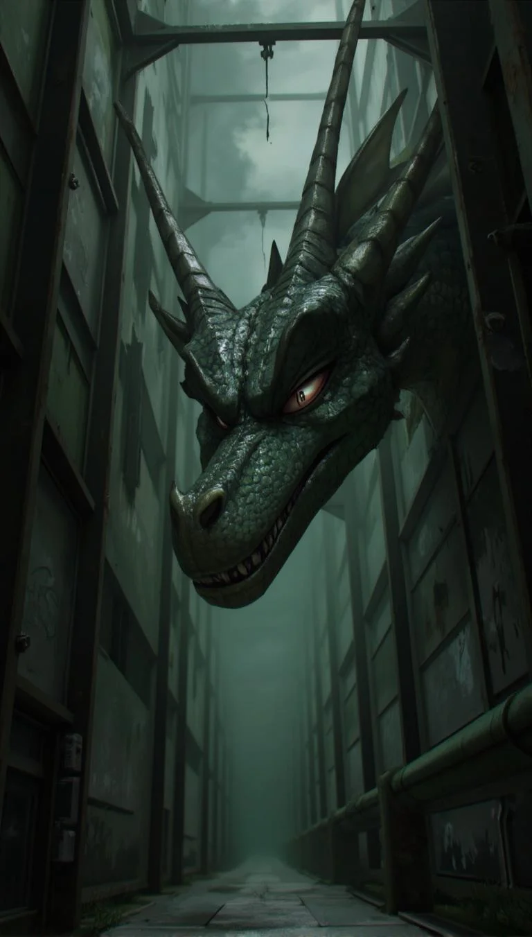 <lora:ck-LttleGhost-000011.safetensors:1> in the style of ck-lttlegh0stA low-angle shot of a menacing dragon head dominates this digital artwork, its glossy scales and intense gaze at odds with the worn, metallic industrial setting. A fog-shrouded corridor amplifies the eerie mood, while muted grays and greens add depth and foreboding. The juxtaposition of mythical creature in an industrial space suggests horror and fantasy influences.