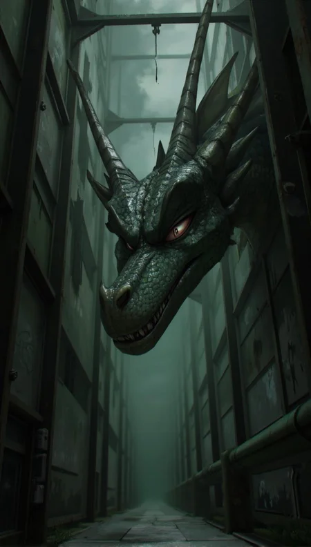 <lora:ck-LttleGhost-000011.safetensors:1> in the style of ck-lttlegh0stA low-angle shot of a menacing dragon head dominates this digital artwork, its glossy scales and intense gaze at odds with the worn, metallic industrial setting. A fog-shrouded corridor amplifies the eerie mood, while muted grays and greens add depth and foreboding. The juxtaposition of mythical creature in an industrial space suggests horror and fantasy influences.