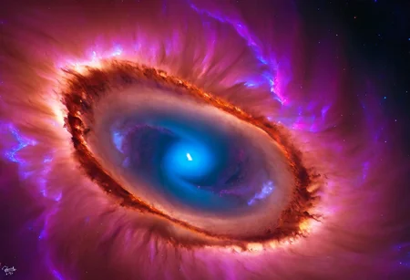 a dynamic and breathtaking image of the universe with vibrant colors and dramatic lighting. Show a swirling nebula in the foreground with bright, intense hues of blue, purple, and pink. In the background, depict a distant galaxy with spiraling arms and scattered stars. Include a supernova explosion, radiating brilliant light, and a mesmerizing black hole at the center, with cosmic debris swirling around it. Add a hint of distant planets and asteroids to create a sense of scale and depth. Make the entire scene feel alive and constantly in motion.