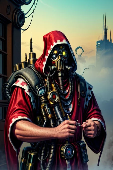 ((masterpiece,best quality)), absurdres, BREAK
mechanical arms, robes, hood, BREAK
((techpriest)), cyborg, mechanical face, mechanical limbs, gas mask, mechanical tentacles, (mechanical backpack), BREAK
1other, solo, holding pistol, firearm, handgun, pistol, gun, BREAK
factory background, smoggy sky, air pollution, smokestacks, BREAK
(1boy, from_side, writing, lofistudy)