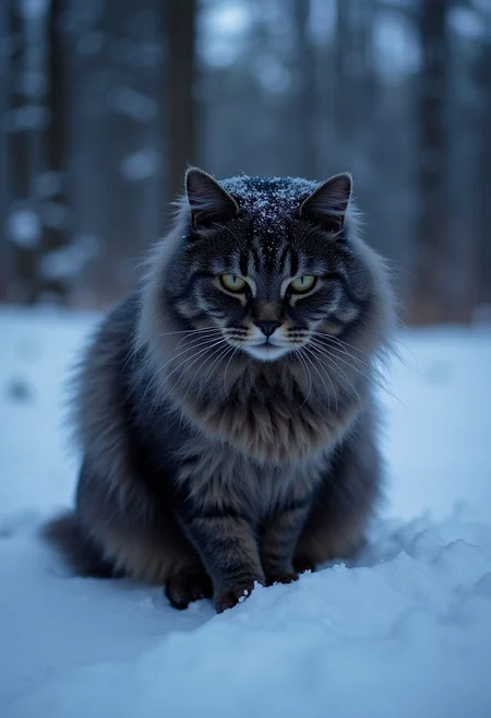 cinematic photo (extreme wide-angle fisheye camera:1.9), (black cat:1.1), (neon line art:0.9), realistic, 35mm photograph, film, bokeh, professional, 4k, highly detailed, ((big snow from sky))
Strong cat MaineCoon, look at the viewer, (((cat Maine_Coon))), (((long shiny winter coat))), ((dark grey and grey colors)), winter night, snow, forest, Maine, some snow on him