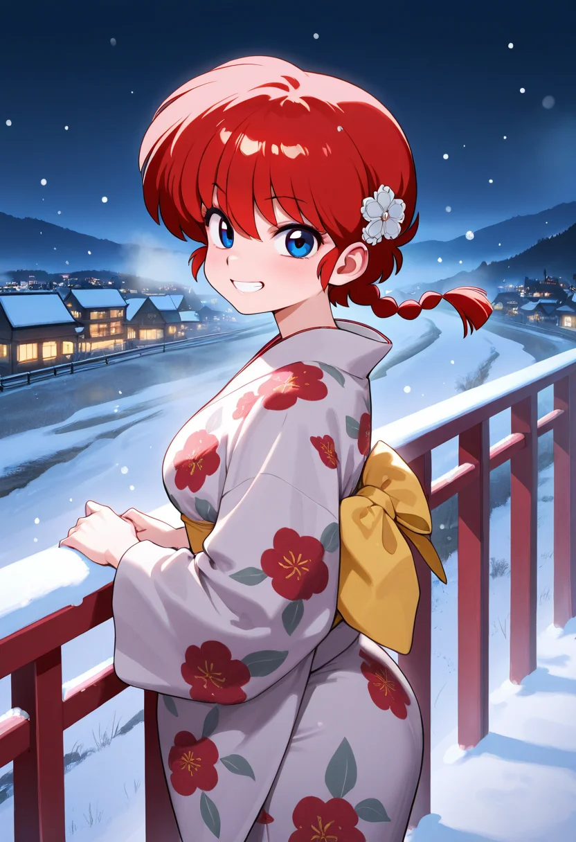 ranma, red hair, masterpiece, best quality, amazing quality, ultra detailed, solo, 1girl, adult, print kimono, hair ornament, night, particles, grin, looking at viewer, snow, cowboy shot, from side, handrail, valley, town, fog,