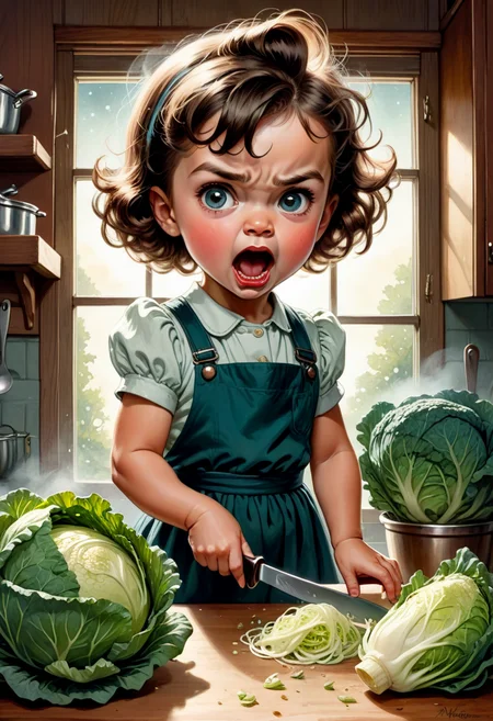 A baby girl 4 years old,  Fierce,  vintage,  2d,  pin-up,  ink,  watercolor,  mail art,  best quality,  kitchen room,  fierce cooking,  Comic strip speech bubble spells the word "FUCK". close up mad young Fierce housewife with big knife furiously attacks a head of cabbage . detailed extremely furious face expression,  dynamic pose,  kitchen,  table,  window,  moonlight,  Norman Rockwell,  Craola,  Dan Mumford,  Andy Kehoe,  Miyazaki,  flat,  cute,  adorable,  storybook detailed illustration,  ultra highly detailed,  tiny details,  beautiful details,  mystical,  luminism,  vibrant colors,  complex background
Negative prompt: negativeXL_D 3d,    closed eyes,   book,    typo,   low quality,   plastic,   2 heads,   2 faces,   tiling,   poorly drawn,   ugly,   poorly drawn face,   extra arms,   extra legs,   ugly,   bad anatomy
Osama Fares 7 036
https://tensor.art/images/653186237336806937
Steps: 30, Sampler: Euler, CFG scale: 6.0, Seed: 255072661, Size: 832x1216, Model: starlightAnimated_v3-5, Denoising strength: 0, Clip skip: 2, Style Selector Enabled: True, Style Selector Randomize: False, Style Selector Style: base, TI hashes: "negativeXL_D, negativeXL_D", Version: v1.6.0.75-beta-4-4-gb3d76ba, TaskID: 657372923937531678
Used Embeddings: "negativeXL_D, negativeXL_D"