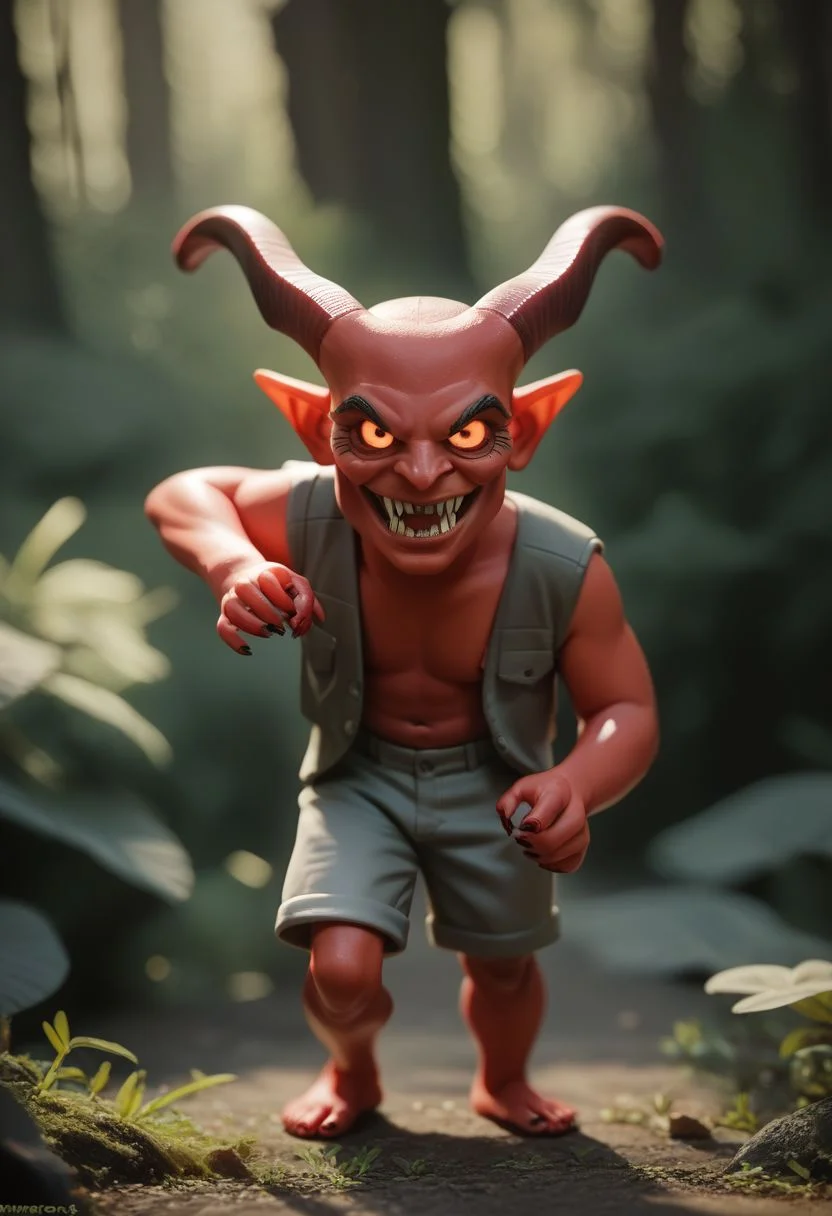 (Score_9, score_8_up, score_7_up:1.7),(xcaricaturex:1.0), ( demon:1.5),( in forest background:1.0),(diminute, toy),detailed face, detailed eyes