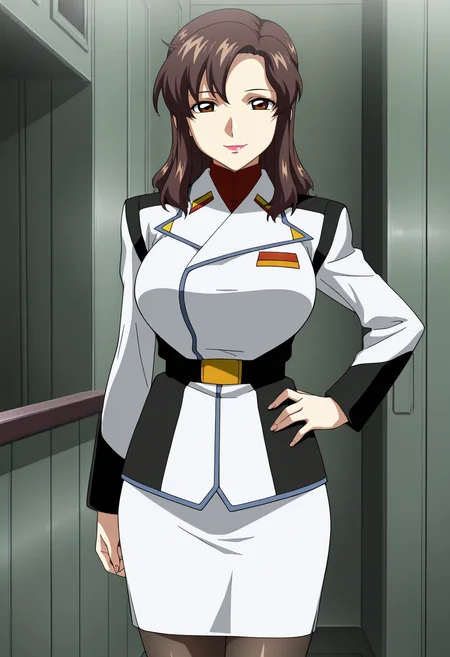 1girl,solo,mm,mature female,brown hair,long hair,brown eyes,lipstick,large breasts,anime coloring,
military uniform, skirt,pantyhose, cowboy shot, hand on own hip, looking at viewer, smile,indoors
,masterpiece,best quality,amazing quality,<lora:Murrue Ramius-Gundam SEED ix:0.8>