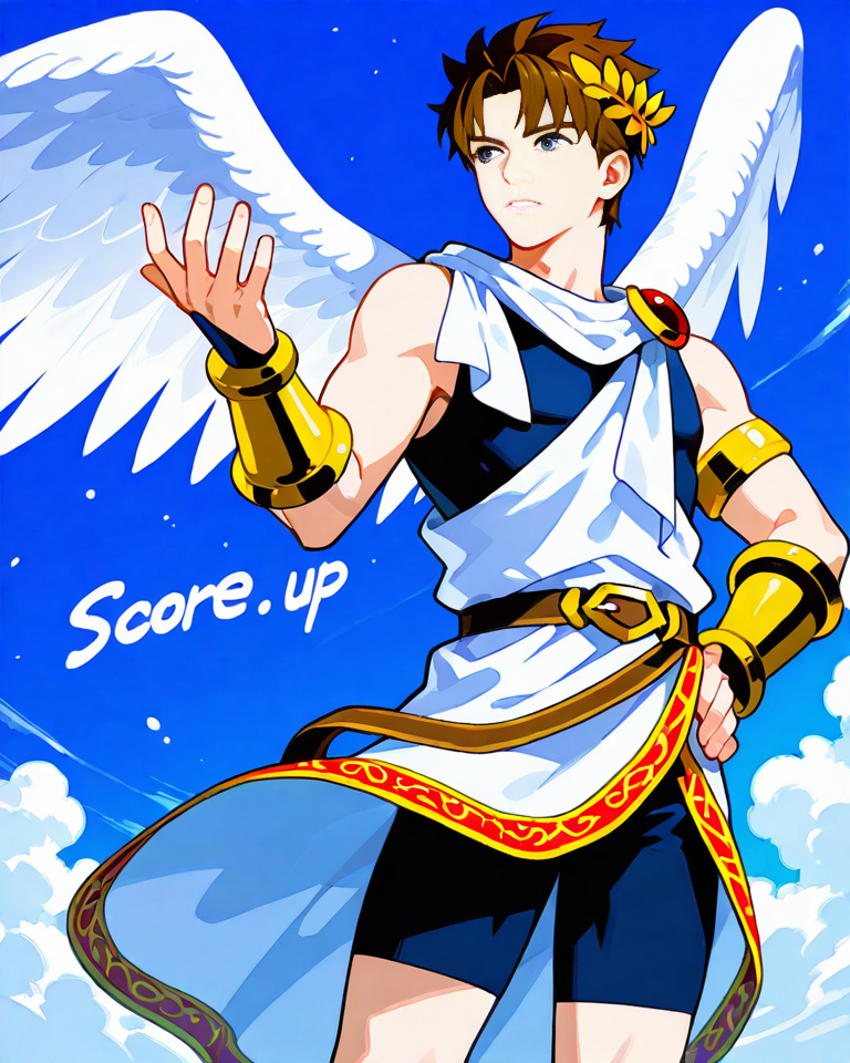 score_9, score_8_up, score_7_up, , <lora:Expressive_H:1>, ((handsome man:1.5, light skin)), full body, cosplay,
cowboy shot, (male focus), 1boy, solo, kid_icarus, icarus, icarus clothing, sky, hand on hip, tunic, bodysuit, boots, sandal, large wings, angel wings, folded wings, black bike shorts, bracer, brown hair, laurel crown,  <lora:Kid_Icarus:1>
