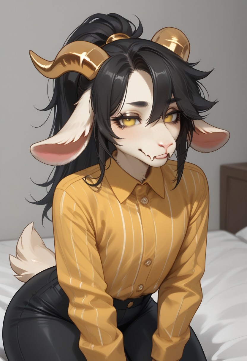 Terrence_OC, furry, solo, femboy, goat, goat ears, golden horns, curved horns, long horns, ponytail, black hair, goat tail, yellow eyes, yellow shirt, buttoned shirt, striped shirt, black pants, Expressiveh, tight fit, skintight clothes, thick thighs, aroused, horny