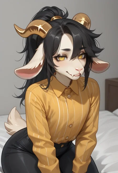 Terrence_OC, furry, solo, femboy, goat, goat ears, golden horns, curved horns, long horns, ponytail, black hair, goat tail, yellow eyes, yellow shirt, buttoned shirt, striped shirt, black pants, Expressiveh, tight fit, skintight clothes, thick thighs, aroused, horny