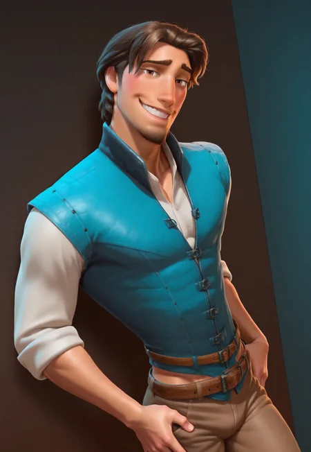safe_pos, score_9, score_8_up, score_7_up, Masterpiece, Best Quality, beautiful eyes, detailed eyes, male focus, dynamic angle, dim lighting, blush lines, male focus, solo, face focus, front view, seductive smile, teeth, cowboy shot, standing
((male)), ((mature)), ((adult)), handsome, sexy, ((skinny)), ((slim)), ((slender)), ((bara)), ((twunk)), blue vest, belt, white shirt, brown pants
F1ynn Rider, brown eyes, brown hair, hair strand, goatee