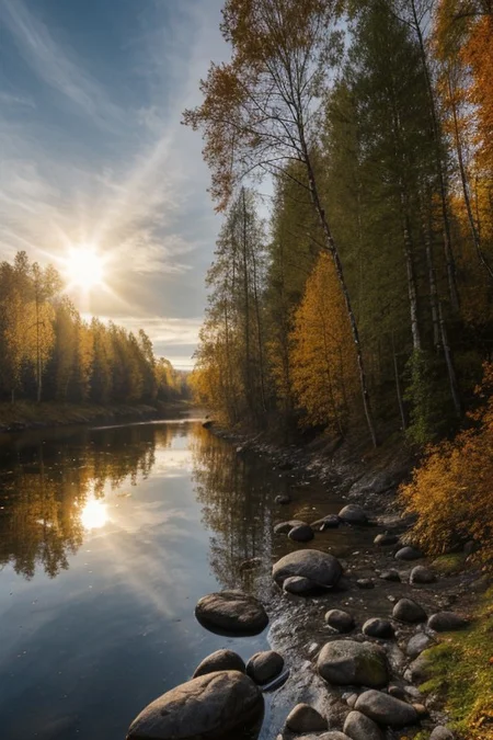 masterpiece, best quality, vivid colors, high quality, RAW photo, Norway, dream nature, primeval wild, picturesque forest, bright clouds, beautiful sky, sun, epic landscape, autumn river, colorful scenery, realistic, desolate atmosphere,
