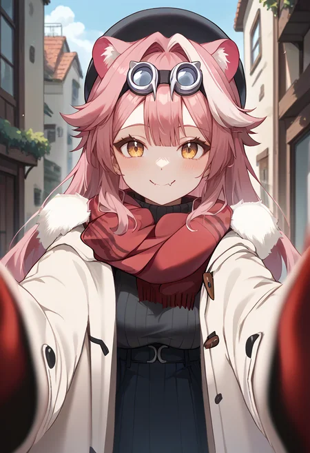score_9,score_8_up,score_7_up,score_6_up,score_5_up,score_4_up,
1girl,breasts, coat, scarf, mittens, sweater, raora panthera, animal ears, smile, closed mouth, fang, beret, goggles, long hair,
solo, outdoors, pov, reaching towards viewer, looking at viewer,
<lora:cheekwarm-000010:1> <lora:raoraponyxl-10:1>
