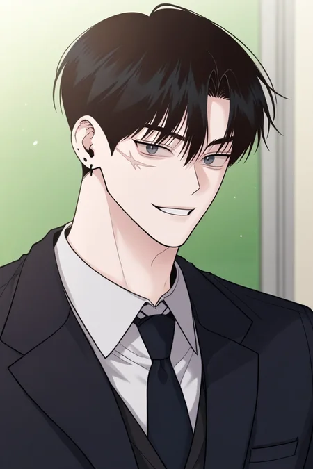 score_9, score_8_up, score_7_up,score_6_up,score_5_up,score_4_up,source_anime,BREAK, rating_safe, intricate details , , , anime screencap, anime coloring, official style, depth of field,1boy, solo, male focus , , ,<lora:goo_yoon_won:0.89>,goo yoon won,black hair,grey eyes,short hair,bangs,hair between eyes,parted bangs,looking at viewer,scar,grin, shirt, long sleeves,jacket, white shirt, upper body,parted lips, necktie, collared shirt,earring,pants,black pants, piercing,right ear bare,vest, black jacket,formal, suit,black necktie, black vest, black suit,indoors,scar on face , , , <lora:sdxl_lightning_8step_lora_315544:1>