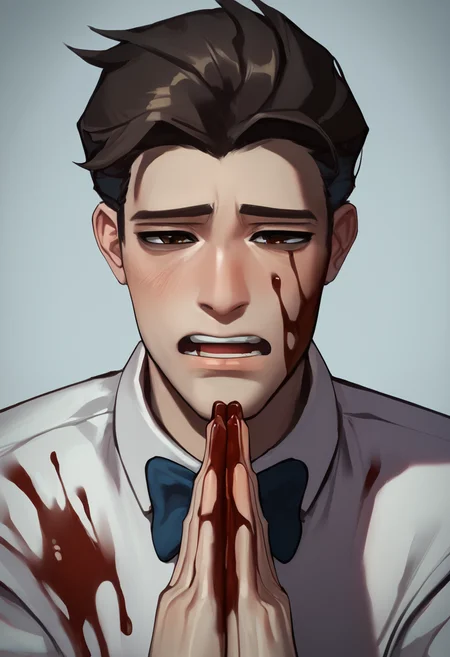 embedding:Pony\Positive\zPDXL2, score_9, score_8_up, score_7_up, 1boy, male focus, solo, tnmn_milkman, baggy eyes, brown eyes, brown hair, tilting head aside, begging, own hands together, uniform, collared shirt, bowtie, blood on face, blood on clothes, open mouth, teeth, heavy breaths, tired, upper body