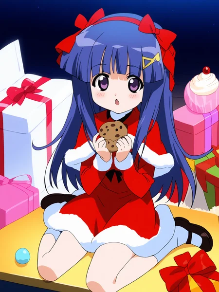 score_9, score_8_up, score_7_up, 
BREAK
source_anime, best quality, masterpiece, source_anime, anime screencap, anime coloring, <lora:0r0P00W0n0j0O0kqLPony_LoRA_V1>, 1girl, solo, furude rika, (tween:1.2), kawaii, blue hair, purple eyes, long hair, blunt bangs, bangs, gift, solo, food, stuffed animal, stuffed toy, christmas, bow, gift box, teddy bear, open mouth, cookie, star (symbol), blush, frills, looking at viewer, dress, long sleeves, holding, red footwear, hair bow, box, checkerboard cookie, white background, fur trim, capelet, envelope, socks, sitting, ribbon, hairclip, candy, red dress, full body, cake, plaid, skirt, black bow, frilled dress