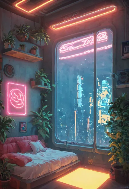 score_9,score_8_up,score_7_up,score_6_up,
steaming coffee cup on windowsill, plants on the windowsill, wall of plants, monstera plant, large plant, tidy bedrrom, small room, cramped bedroom, teddies on the bed, cyberpunk city view out of the window, neon light, purple neon lights,