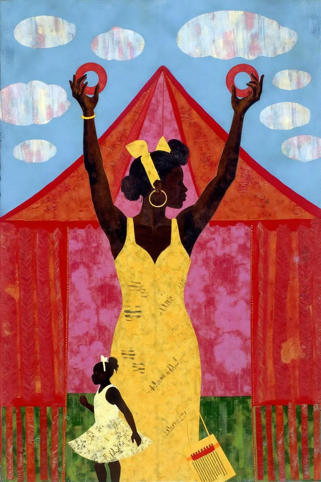 mixed media collage. a woman in a yellow dress stands in front of a red tent. The woman is wearing a yellow bow on her head, and her arms are raised in the air. She is holding a red ring in her right hand, while her left hand is holding the ring in the left hand. Her right hand is positioned in the middle of the frame. The background is a light blue, with white clouds scattered across the sky. <lora:ekho_collage_nocap_d6a3e12:1.0><lora:824680772481891398:0>