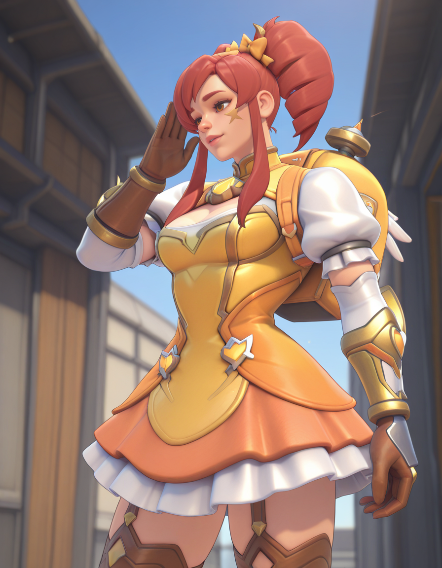 score_9, score_8_up, score_7_up, Masterpiece, high-res, 2k, best quality, 2.5d, 1girl,  brig doki, brigitte (overwatch) <lora:Brig_Doki_Illus-000040:1>, Whispering to the Sky: Look upwards as if whispering to the sky conveying a sense of spirituality and connection to nature.